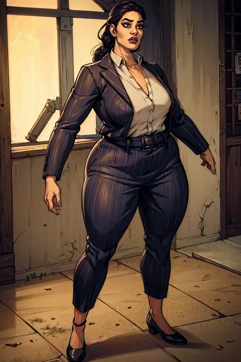 Digital art, angled view, sexy standing pose, full curvy figure, mature woman, adult female, whole body, form-fitting, Jane Romero (Dead by Daylight game) inspired costume, pinstriped blazer, blouse, belt, pinstriped baggy pants that ends above the ankle, belt, flat office heels, 1woman, solo, upper body, lower body, ((Extremely Detailed)), ((Best Quality)), ((Masterpiece)), ((4k)).
