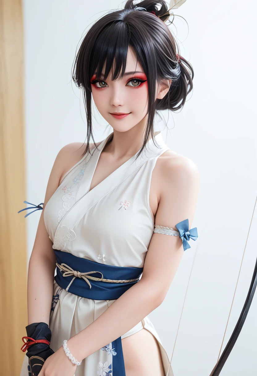  1 girl,  medium chest , kyuudou, bow (arms), Japanese clothing, Arrow (Projectile), holding bow (arms), yugake, breastplate,  Similarly , single glove,  best quality,、 Completely-valid、  beautiful eyeshadow  、 Dark Makeup Around Eyes 、  gentle smile full of love  、