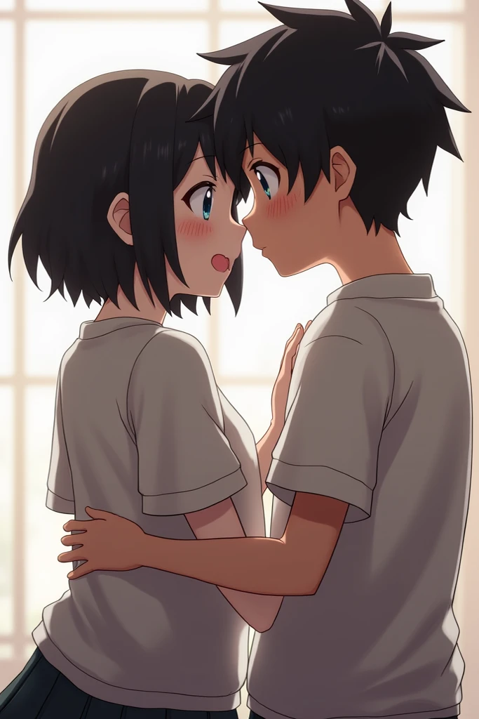 shinkai makoto, kimi no na wa., 1girl, 1boy, bangs, black hair, short hair, blush, (boy wear casual clothes, shorts), ((girl wear white crop top and black pleated skirt, collarbone, red headband, bare shoulders)), armband, passionate hug, Sweet sigh, cute, love, couple, adorable, dating, (((kiss, deep kiss))), closed eyes, night, dark, against wall
