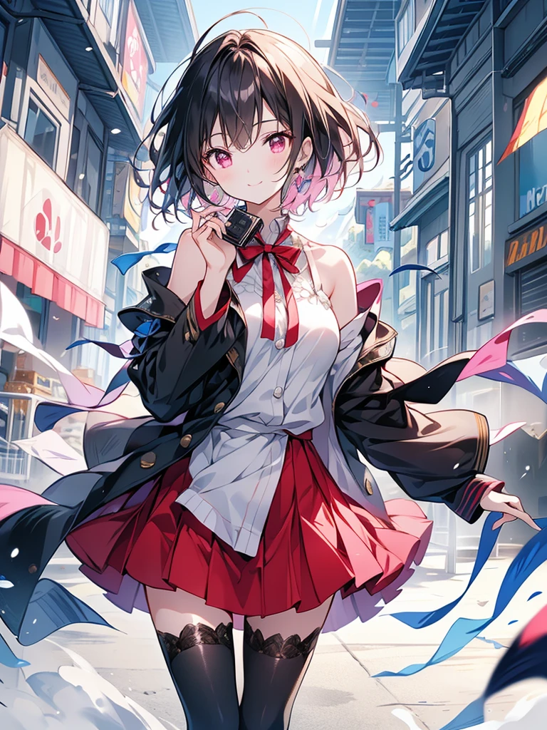 (masterpiece, highest quality, highest quality, (No text), Beautiful and aesthetic:1.2),No text,アニメ、BREAK,One Girl，Black Hair Girl　short hair　older sister　choker　Tree Eyes　Beautiful eyes　Red eyes　cool　smile　Red and Black　Black jacket　mini skirt　whole body　In town