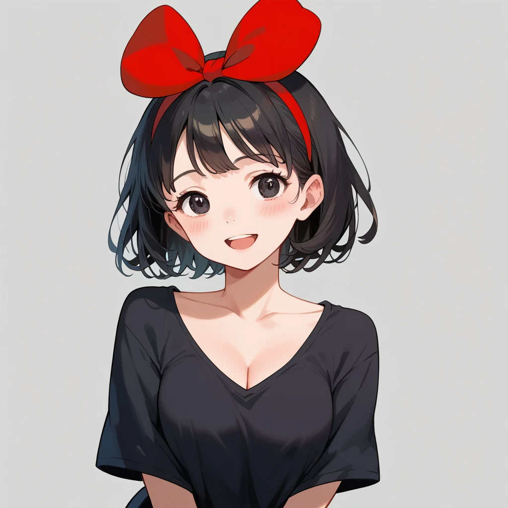 kiki,Alone,  shorthair, black hair,  dark eyes,  hair bow, busty,  black dress, ( Has Her Mouth Wide Open ),  cute smile with blush,,   Masterpiece , best quality,  best quality ,8k,