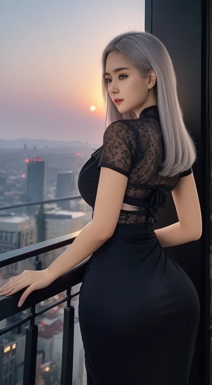 Masterpiece, Best quality, (Photorealistic:1.4), full bodyesbian, (dress:1.1), view over city, Cinematic light, Beautiful woman, ((From behind)), Skinny, huge breasts, huge ass, White hair, rim, Detailed face,