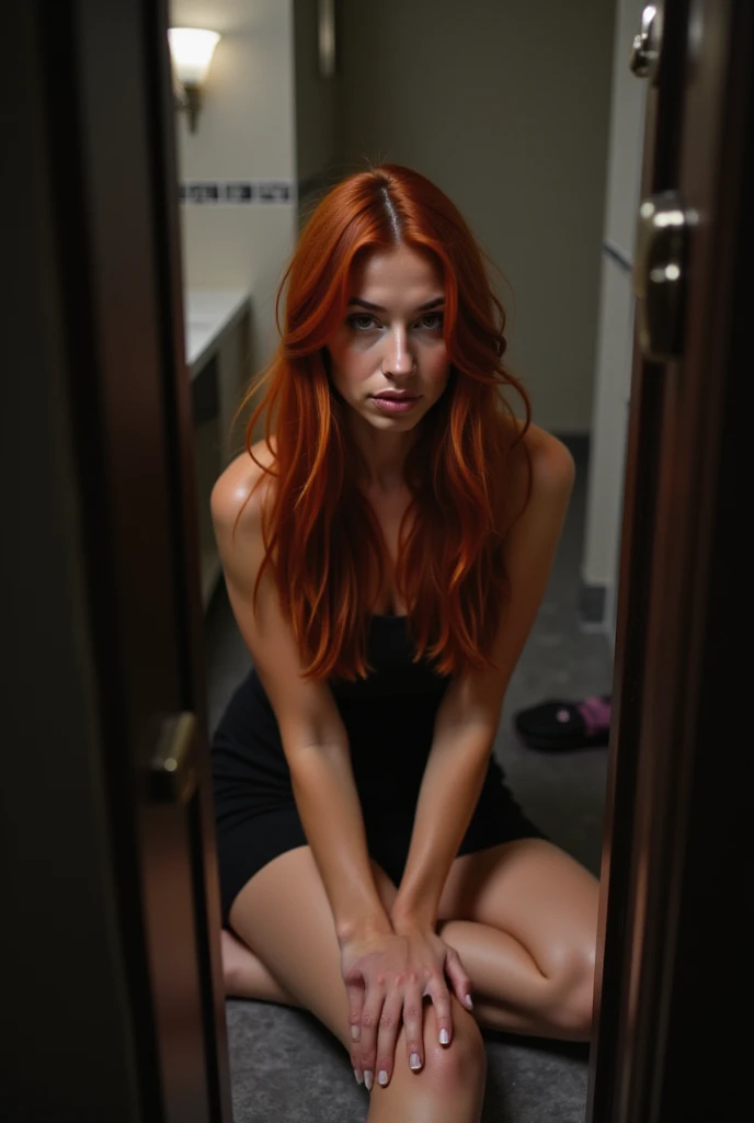 facebook style photo, (28yo red hair woman),abused,in a nightclub's bathroom short black dress,Laying ,Drunk,Passed out,Intoxicated,Shot from above,(drugged),(She has been using sleeping pills),view from doorway