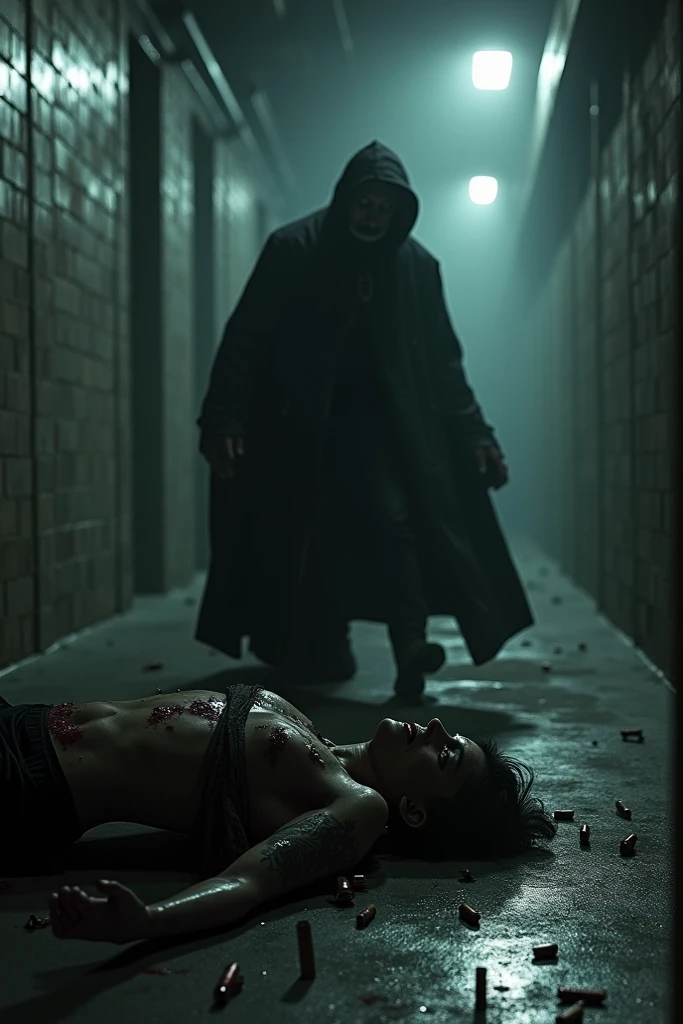 korean naked girl, (behind corpse, surgical mask), holding knife, stabbing, black leather gloves, room full of blood, black trench coat, bucket hat, underground, holding knife, black gloves, behind corpse, blood splatter, short hair, night, mass murderer, robbery, in the hotel, dark atmosphere, cinematic lighting, atmospheric realistic,
