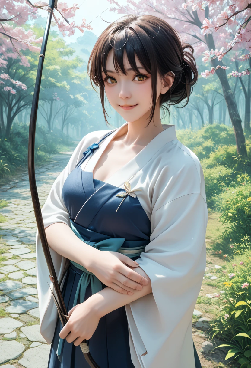  1 girl,  medium chest , kyuudou, bow (arms), Japanese clothing, Arrow (Projectile), holding bow (arms), yugake, breastplate,  Similarly , single glove,  best quality,、 Completely-valid、  、、  gentle smile full of love  、