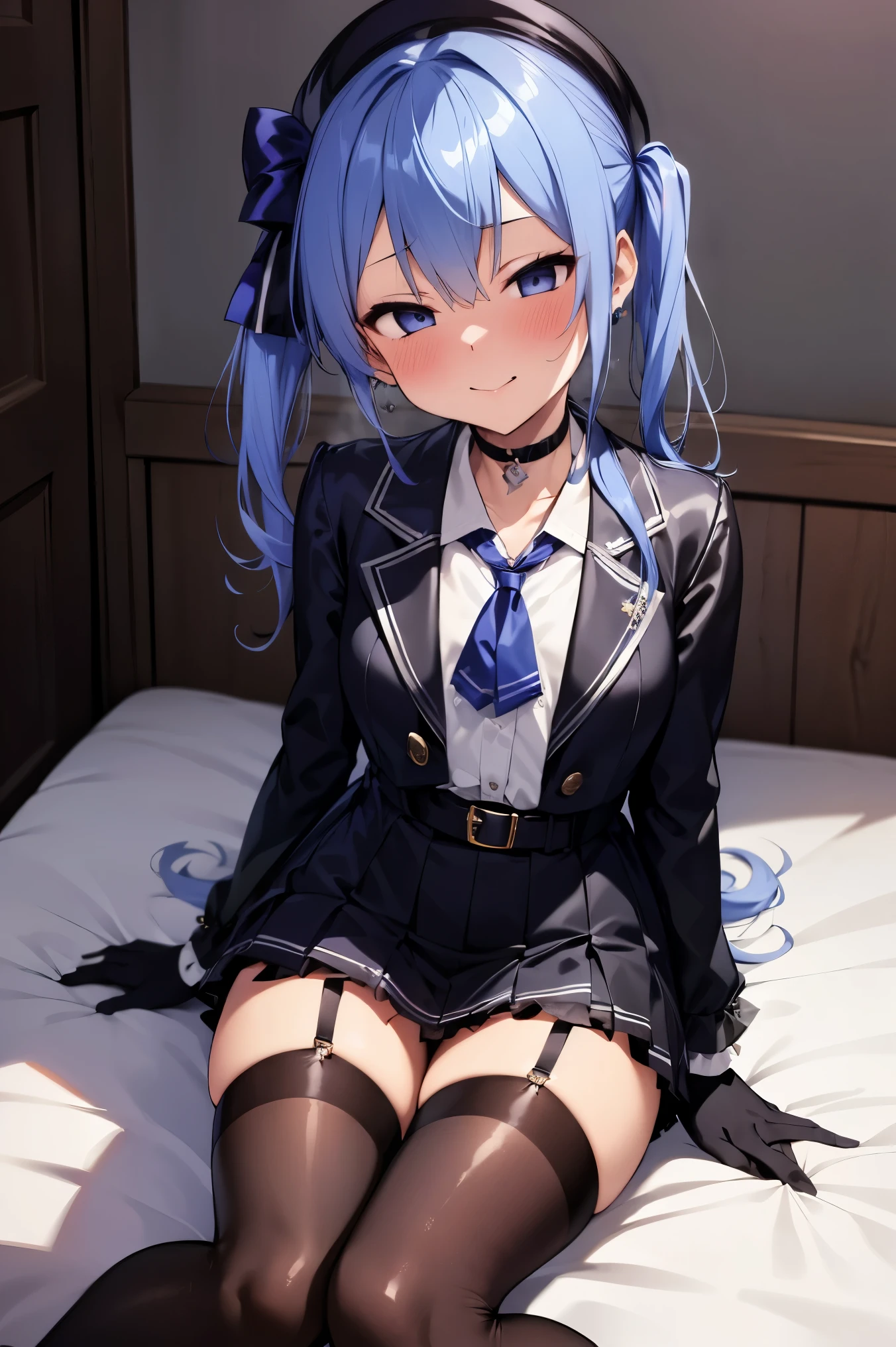 NSFW,masterpiece, best quality, high definition , Very detailed, Hoshimachi Suisei、 blue eyes、 blue hair 、 choker、 hair between eyes、 medium hair、 side ponytail、星の choker, ascot 、 asymmetrical legwear、belt、Beret、黒のgloves、青い ascot 、青いbelt、青いribbon、青い choker、ribbon、button、 choker、襟付き shirt、crown、gloves、灰色のhat、灰色の jacket、灰色の skirt、hat、 jacket、 jewelry、ニーハイsocks、 Long Sleeve 、ミニ skirt、ragged legwear 、部分的に指なしのgloves、pendant、Check pattern、Check patternの jacket、Check patternの skirt、 shirt、シングルニーハイsocks、シングルsocks、 skirt、 skirtセット、socks、星の choker、Star pattern、 thigh straps 、ragged legwear 、白い shirt,Bad Smile, Love Hotel, bedroom