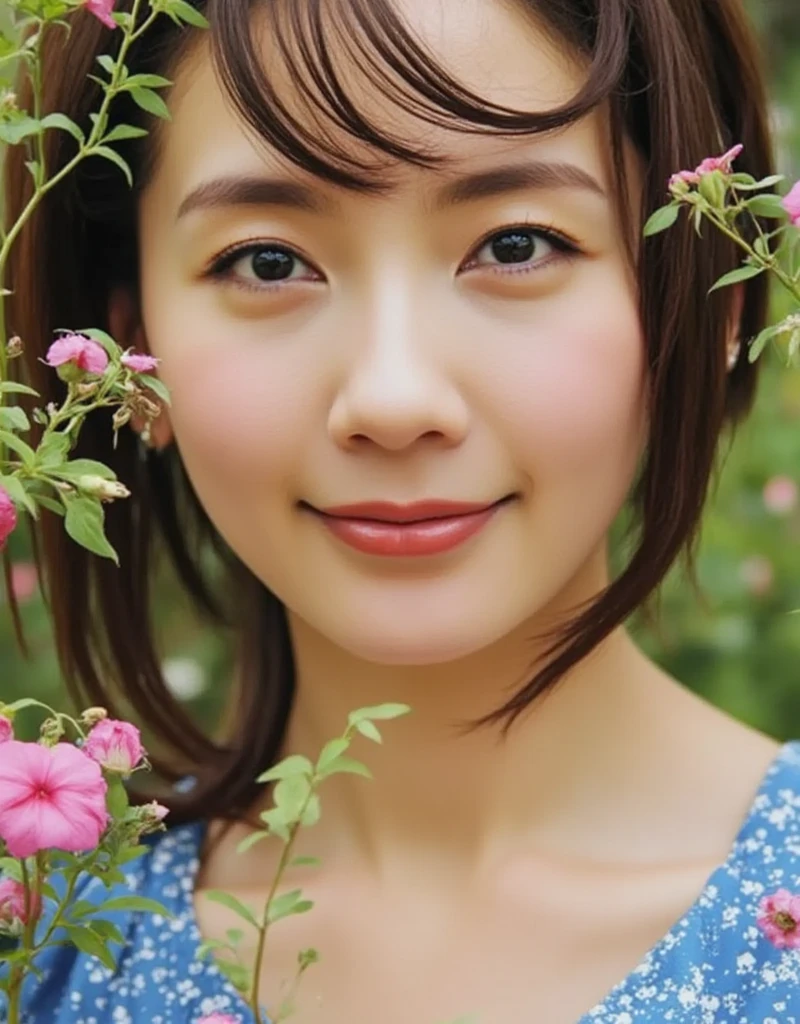 (Professional photo of Asian woman: 1.5), unparalleled detail, clarity, f/1.4, progressive, long exposure, (Central composition, symmetrical composition: 1.5), (Countless pale yellow fireflies shining here and there: 1.5), (Red, white, blue, yellow, purple, pink, various colored flowers: 1.8) (The flowers and trees are in front of the woman and hide most of her body: 1.6), (Composition that gives the viewer the illusion that the woman is not wearing anything: 2), Focus is on the woman, Blurred foreground and background, fantasy elemental