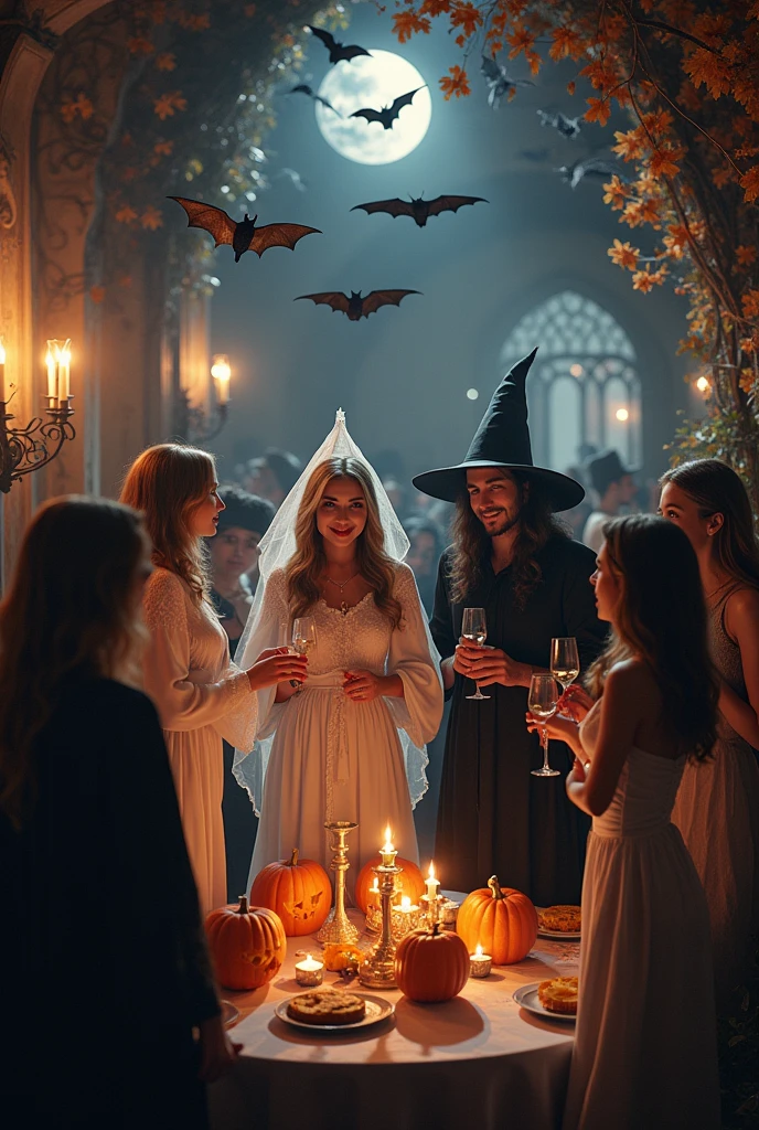 Create an image of an abandoned mansion, decorated with Halloween objects, excited people for a night of fun and scares. We laughed and chatted excitedly, completely wrapped up in the party