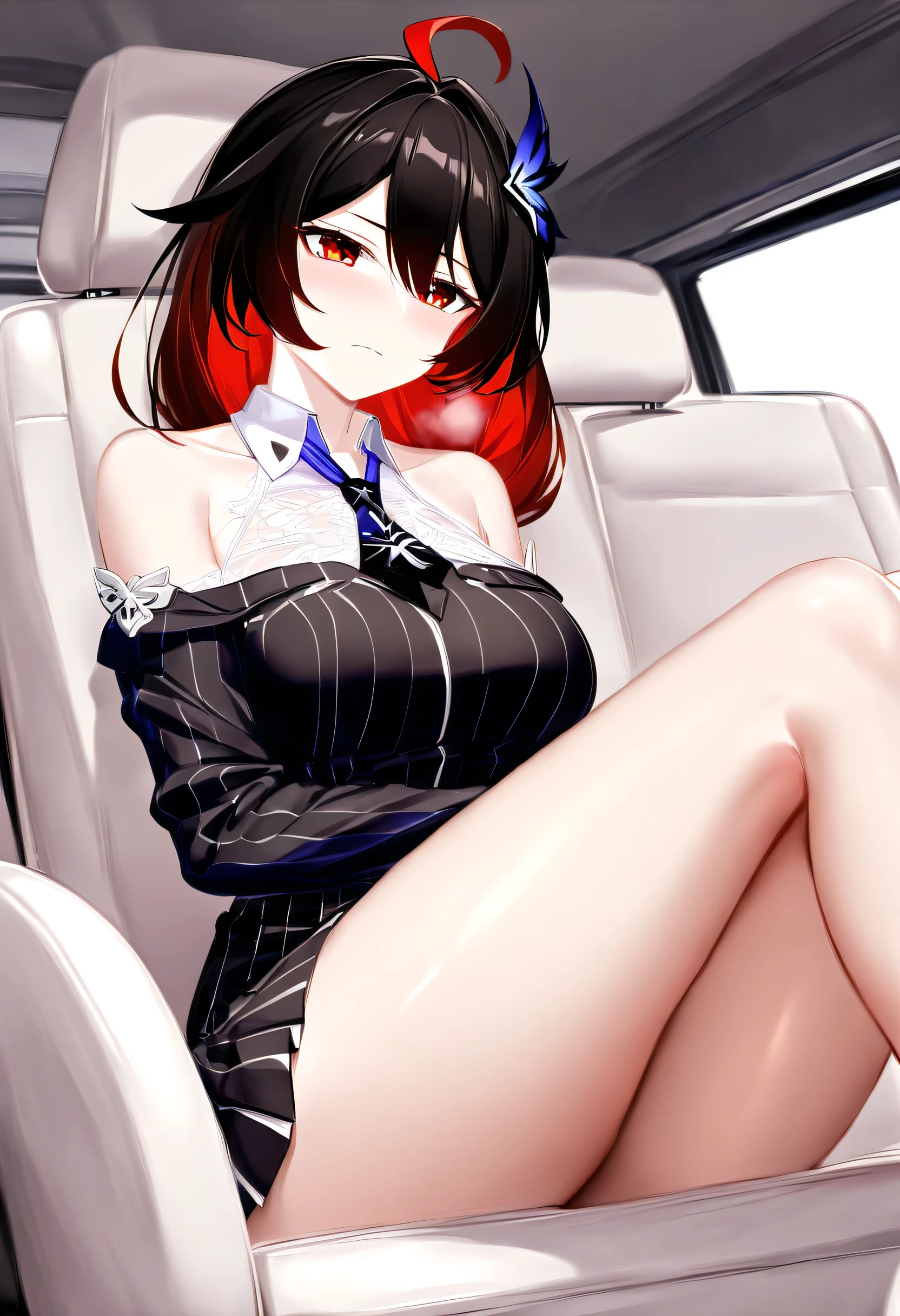 score_9, score_8_up, score_7_up, masterpiece, best quality, absurdres, vibrant, highly detailed, 1girl, adult grown woman, seele vollerei \(honkai impact 3rd\), starchasm nyx, red eyes, long hair, red hair, multicolored hair, black hair, dress, hair ornament, ahoge, blush, closed mouth, heavy breathing, high school student outfit, long sleeves jacket, recruit shirt, white lace thigh highs, collar with tie, pleated short skirt, woman sitting inside car, (hands:1.4) resting on steering wheel, (head:1.3) turned slightly toward window, (body:1.2) leaning slightly back, (shoulders:1.2) relaxed, (legs:1.5) crossed at knees, thoughtful pose, (arms:0.9) casually positioned, natural posture, focused gaze, serene expression, mid-action, intimate atmosphere