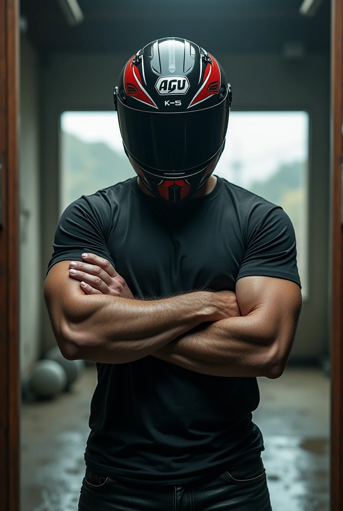 A muscular man with a motorcycle helmet completely naked showing his 24cm penis