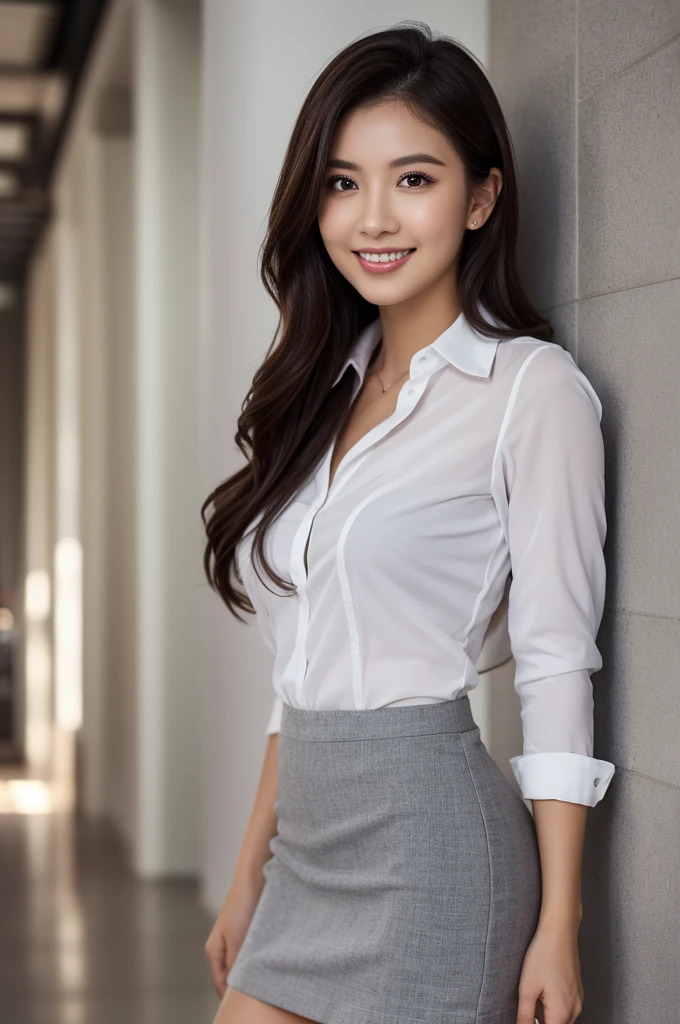 A beautiful office lady without a bra running around the hallway with her legs spread wide、White blouse、Black Skirt