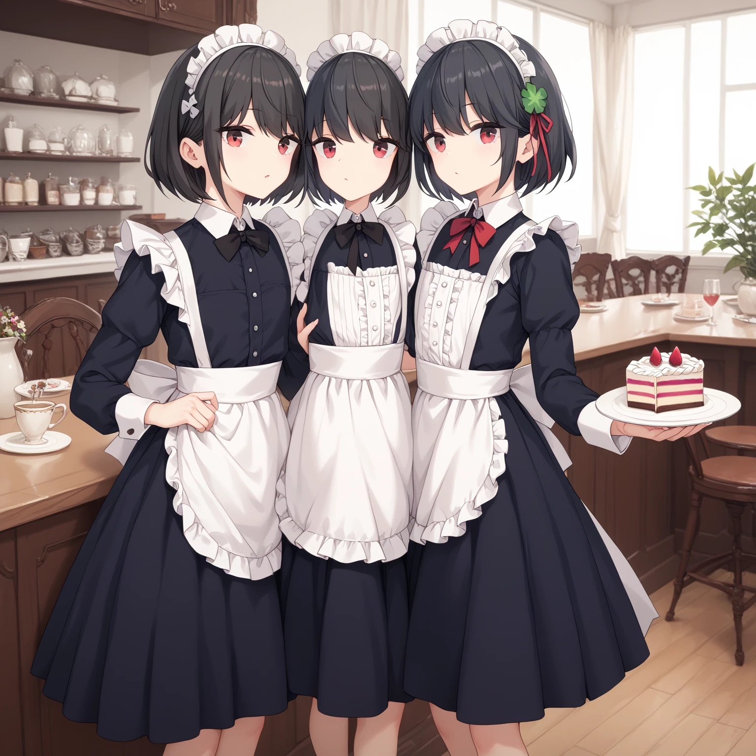  (8k), (   very detailed), (    best illustration   ), Cafe。    two girls。  maid outfit  。.  flat chested。  short hair on the side of her uniform 。   big red ribbon barrette。 four-leaf clover in hair 。adult。  black hair。Island Rin,Bring me a cake  、 skirt flip finger insertion in vagina 。 bend your back 