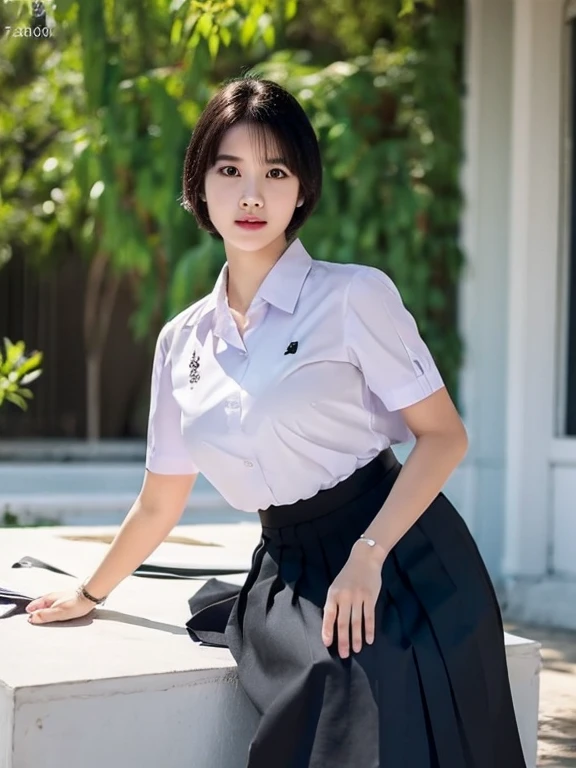 (photorealistic:1.4),Best quality, masterpiece ,Thai classroom, 1girl ,(mathayom uniform),white shirt short sleeves,(black pleated long skirt:1.2),short hair , Pretty thai woman short hair , big breasts , The shirt is tight , big tits
 