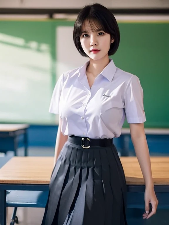 (photorealistic:1.4),Best quality, masterpiece ,Thai classroom, 1girl ,(mathayom uniform),white shirt short sleeves,(black pleated long skirt:1.2),short hair , Pretty thai woman short hair , big breasts , The shirt is tight , big tits
 