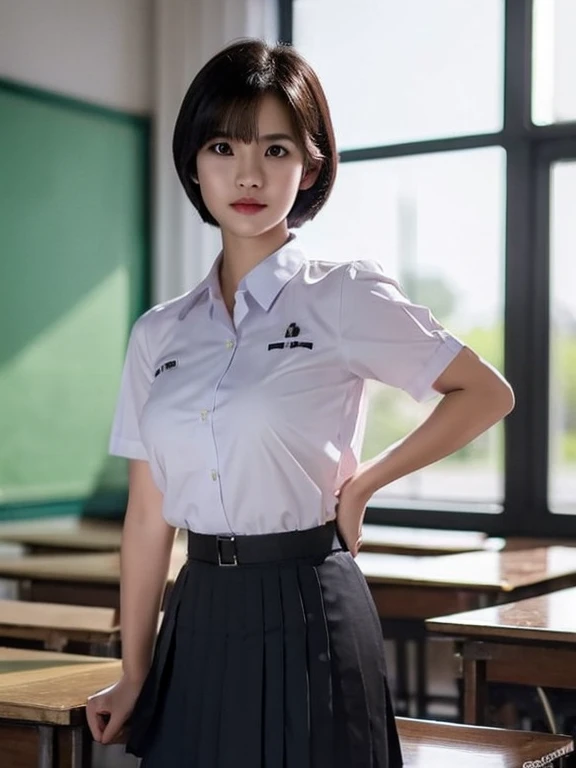 (photorealistic:1.4),Best quality, masterpiece ,Thai classroom, 1girl ,(mathayom uniform),white shirt short sleeves,(black pleated long skirt:1.2),short hair , Pretty thai woman short hair , big breasts , The shirt is tight , big tits
 