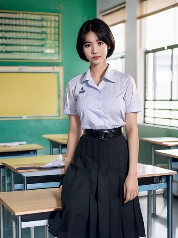 (photorealistic:1.4),Best quality, masterpiece ,Thai classroom, 1girl ,(mathayom uniform),white shirt short sleeves,(black pleated long skirt:1.2),short hair , Pretty thai woman short hair , big breasts , The shirt is tight , big tits
 