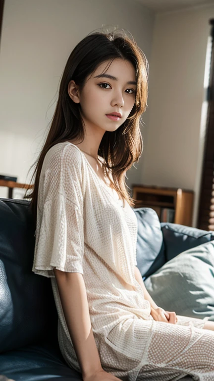 Dark brown hair、Light brown eyes、Japanese actress、I am about 40 years old....、(Intricate details:1.2)、(Which is the top????:1.4)、 (Ultra-high resolution:1.2)、Ultra-high resolution、(Finely tuned)、(Detailed facial features)、Hmph、8K resolution、D cup size breasts、Long Hair、Large windows、Extravagant space、relax、、,Full body photo、headからつま先までのショット、Beautiful legs、Beautiful legs、Breezy, Sunny living room、ソファにsit、she, household items,   (plant:0.8), Fashion Hub, Very detailedな, Very detailed, Realistic, Hourglass Shaped Body, Obscene pose,、、私 cry a lot、tears、person on the left、White wall、White floor、diagonally from below、please lift your chin、Put your butt against the wall、relaxした表情、Pose of Weakness、(auraroid photo:1.2)、From outside the window、A masterpiece of transparent painting、8K、32k、Highest quality、(Details of both eyes)、1 Girl、elegant、(Loose knit camisole :1.4)、sit、(Top view、Take a look here、Tilt&#39;head:1.2)、Hilarious、Looking into the camera、