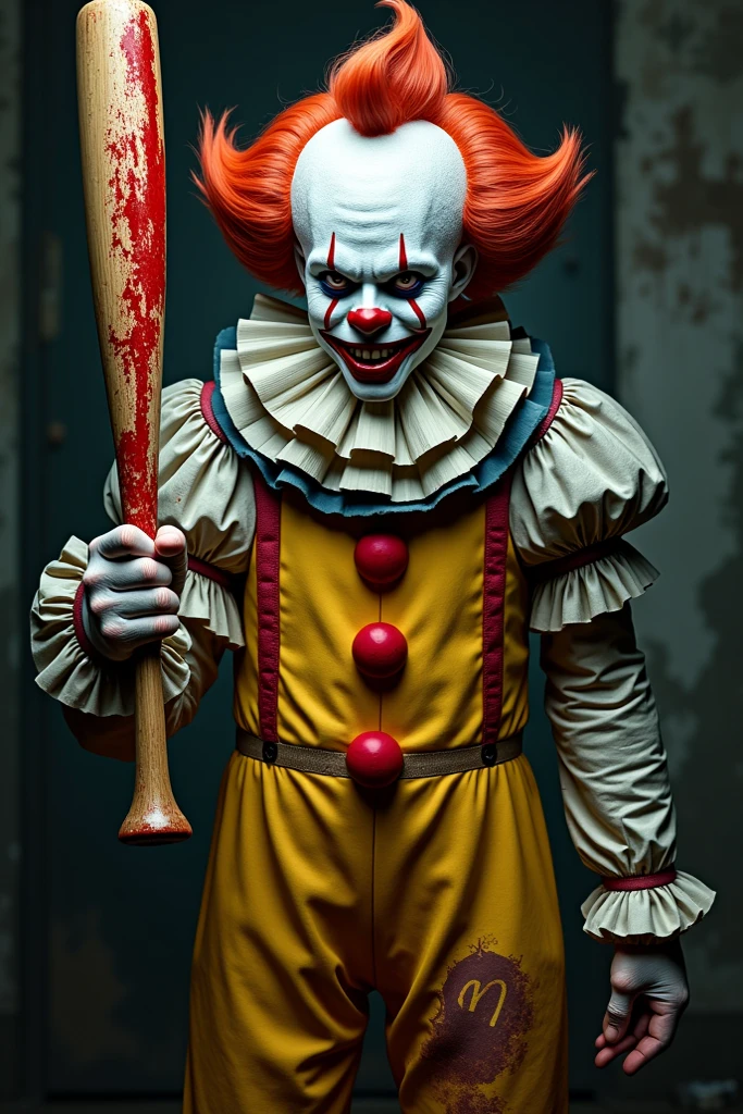 (Photorealistic photography, highres ,best quality, masterpiece:1.2), Actor young handsome Pennywise posing nude, young, detailed facial features, detailed eyes, detailed hands, stylish hair, no facial hair, slim athletic physique, no body hair,fully naked, holding a red air balloon, correct looking penis, well-shaped penis, smooth penis and balls, penis, simple background, dramatic lighting, full body shot