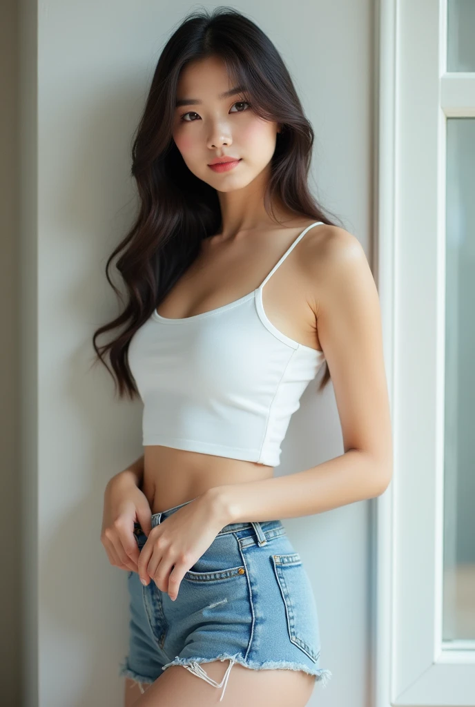 Obra maestra, La mejor calidad, ultrahigh resolution, Foto de alto detalle, Unidad 8K Fondo de pantalla, CG extremadamente detallado:1.2),(Foto RAW,:1.realistic photography:1.4), 1girll , joven, physically based representation, Lindo, (Cara finamente detallada:1.4, Ropa detallada), (Detallado:1.4) Cara hermosa, Profundidad de campo, Agregar capa, hiperrealista, 27 years old, Modelo de cuerpo perfecto, senos perfectos, 175cm de altura, pose sexy, cuerpo completo, Tipo de cuerpo del modelo, white tank tops, tight denim, bed room, Cabello largo, Eimi Fukada, doble parpado, professional lighting, bokeh
