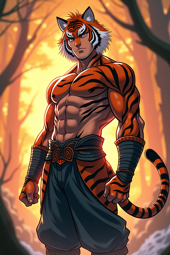 Creates an intricate tattoo design of the muscular Shenlong the tiger from Bloody Roar 2, depicting his fiery red eyes radiating intense anger and fury. The detailed artwork showcases the tiger's impressive musculature and menacing stance, with every line and shade expertly crafted to bring out the tattoo's lifelike quality. The tattoo is rendered in the highest quality, with a trending style reminiscent of traditional Japanese tattoo art, complete with bold lines and vibrant colors. The background features a dramatic backdrop of rust-colored flames, showcasing the tiger's powerful presence and dominance. This masterpiece was hand-drawn by the talented