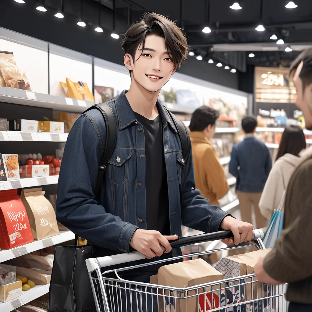 Inside the supermarket, a young man with a happy expression, rubbing his shoulders, wearing a white shirt and jeans