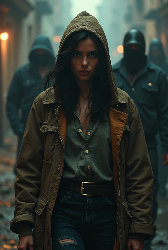 The Walking Dead Series, Female, 31, African American And Native American, Athletic Hourglass Body Type, Brown Honey Eyes, Light Freckles, Black Short Hair, Black Coat And Black Jeans, White Shirt Under Coat, Holstered Gun, Bandages On Her Arms, Combat Boots, Light Brown Winter Hat, Dark Brown Satchel, Exhausted Face, Zombie Apocalypse, Blood On Her Hands