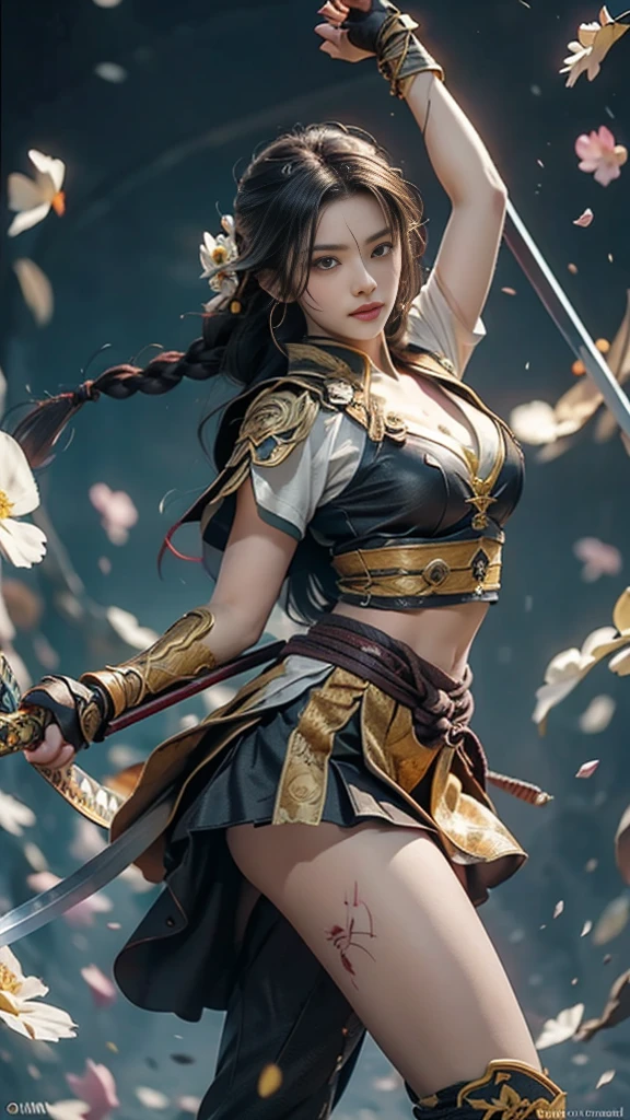  Sexy female characters dressed as warriors from the Sengoku period 、((Braided hair))、((onyx black hair))、((toned body))、 toned body、She has ample breasts and plump thighs、 The yellow armor with a chrysanthemum pattern engraved on it is bikini type and is designed to accentuate chest exposure、Wear a chrysanthemum-patterned cape 、 black super miniskirt 、 yellow shin guards with chrysanthemum petals engraved 、Yellow high-cut underwear、Yellow tights、 absolute domain、((acrobatic pose))、((  hold a sword at chest position ))、((from below, lower body, looking up))、 Strong yet elegant atmosphere 、 they are ready to fight even now、 The background is a battlefield with chrysanthemums and petals scattered 、Chrysanthemum petals are scattered all over in a circular pattern、 Super high resolution and realistic touch 、 shiny armor and fabric texture 、A dynamic pose is depicted in detail、