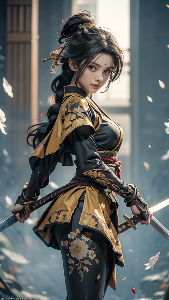  Sexy female characters dressed as warriors from the Sengoku period 、((Braided hair))、((onyx black hair))、((toned body))、 toned body、She has ample breasts and plump thighs、 The yellow armor with a chrysanthemum pattern engraved on it is bikini type and is designed to accentuate chest exposure、Wear a chrysanthemum-patterned cape 、 black super miniskirt 、 yellow shin guards with chrysanthemum petals engraved 、Yellow high-cut underwear、Yellow tights、 absolute domain、((acrobatic pose))、((  hold a sword at chest position ))、((from below, lower body, looking up))、 Strong yet elegant atmosphere 、 they are ready to fight even now、 The background is a battlefield with chrysanthemums and petals scattered 、Chrysanthemum petals are scattered all over in a circular pattern、 Super high resolution and realistic touch 、 shiny armor and fabric texture 、A dynamic pose is depicted in detail、