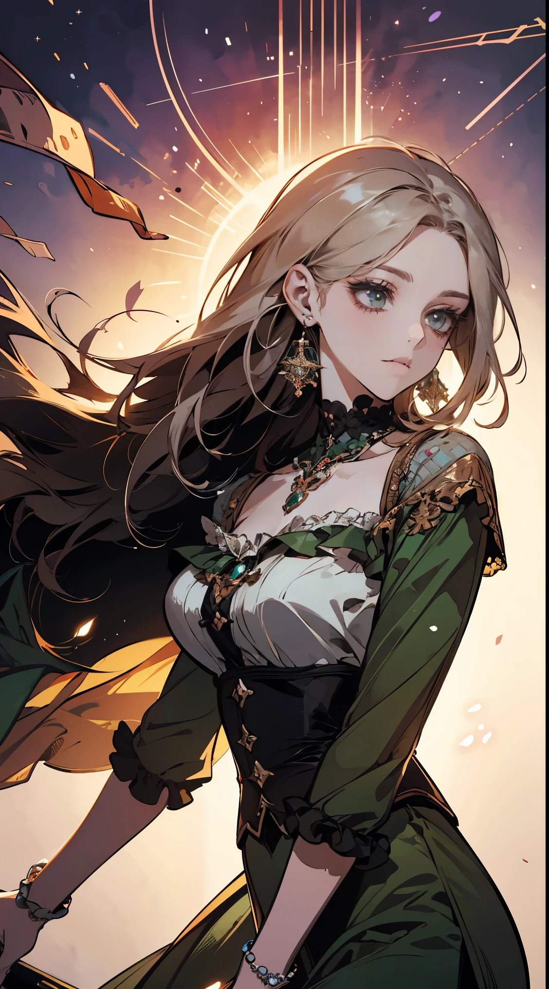 Digital Artwork ,illustration,masterpiece, a girl,light,Elegance, Seen from Side and Side to Side , by Famous Artist , Dotted Background , Comic art , 【8k, high resolution, Emerald Necklace and Earrings , shine, Ricortomime ,long eyelashes, Slim Eye , Yellow Light Shade