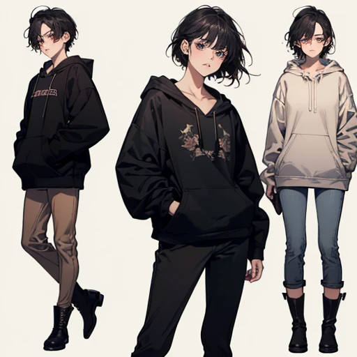 A boy with short hair, bangs that cover the eyes, fluffly, and blushed, de 16 anos, with a big, baggy sweatshirt with a skull print, wearing short shorts, and an effeminate male body
