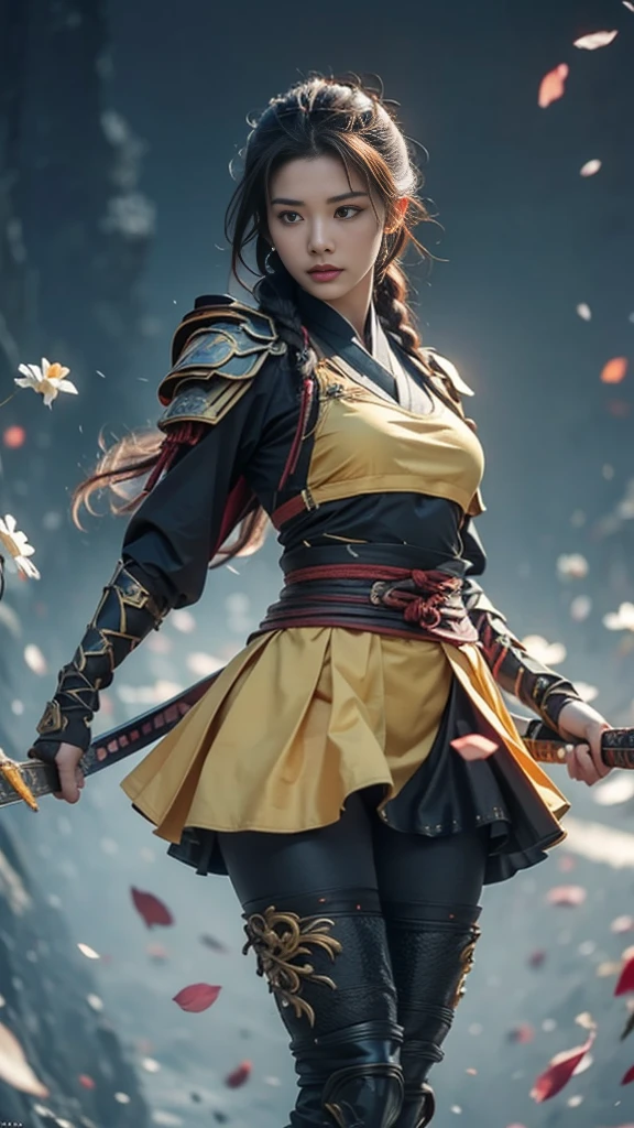 A sexy female character dressed as a warrior from the Warring States period、((Braided hair))、((onyx black hair))、((toned body))、 toned body、She has ample breasts and plump thighs、 The yellow armor with a chrysanthemum pattern engraved on it is a bikini type and is designed to emphasize chest exposure、Wear a chrysanthemum-patterned cape 、White super mini skirt 、 yellow shin guards with chrysanthemum petals engraved 、Yellow high-cut underwear、Yellow tights、 absolute domain、((acrobatic pose))、((  hold a sword at chest position ))、((from below, lower body, looking up))、 facing the front、 Strong yet elegant atmosphere 、 they are ready to fight even now、 The background is a battlefield with chrysanthemums and petals scattered 、Chrysanthemum petals are scattered all over in a circular pattern、 Super high resolution and realistic touch 、 shiny armor and fabric texture 、A dynamic pose is depicted in detail、