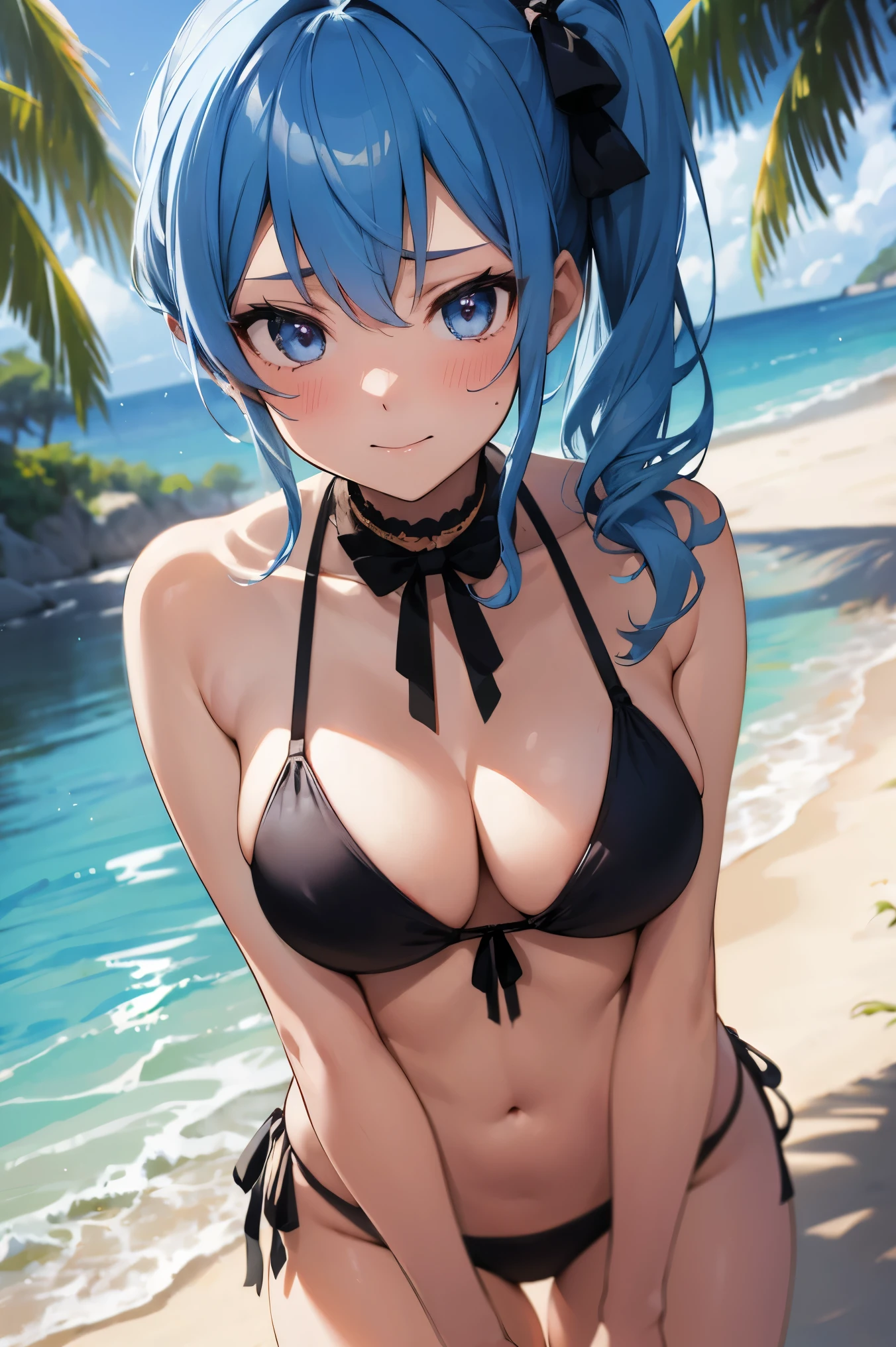 NSFW,masterpiece, best quality, high definition , Very detailed, Hoshimachi Suisei、 blue eyes、 blue hair 、 choker、 hair between eyes、 medium hair、 side ponytail、星の choker,Halterneck bikini,Embarrassed,blush, lustful face,beach, palm trees,Beach House