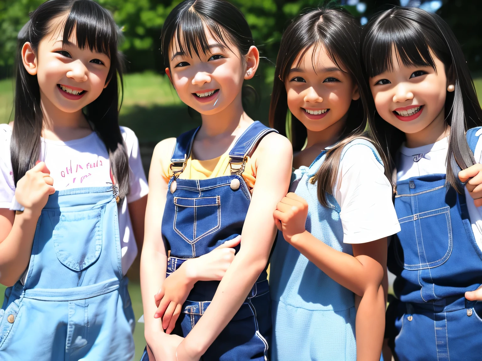 Four Girls、 girl、 cute girl、 Overalls、A happy smile、simple background, 、round face、 looking at the camera、