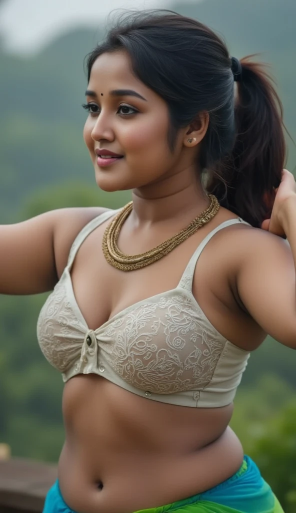 Side view, extreme long shot photo of sexy indian, look at viewer and subtle smile, curvy athletic figure, open arms, sexy armpits, sweating, doing push ups in fog, ponytail, necklace, white see through lace bra, blue and green  saree, glossy lips, (cinematic:1.3), intricate details, (ArtStation:1.2), position like dog,bed room dog position,