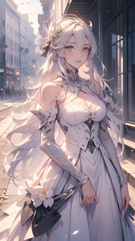 (masterpiece, best quality, detailed, intricate, limited palette, glowing), fantasy, fairytale, oil painting, luminous (solo), dynamic angle, woman, frilled dress, frills, (silver \(metal\) dress), (white mage robe), (edgWHM), full moon, moonlight, hat, gloves, stockings, big pregnant belly.