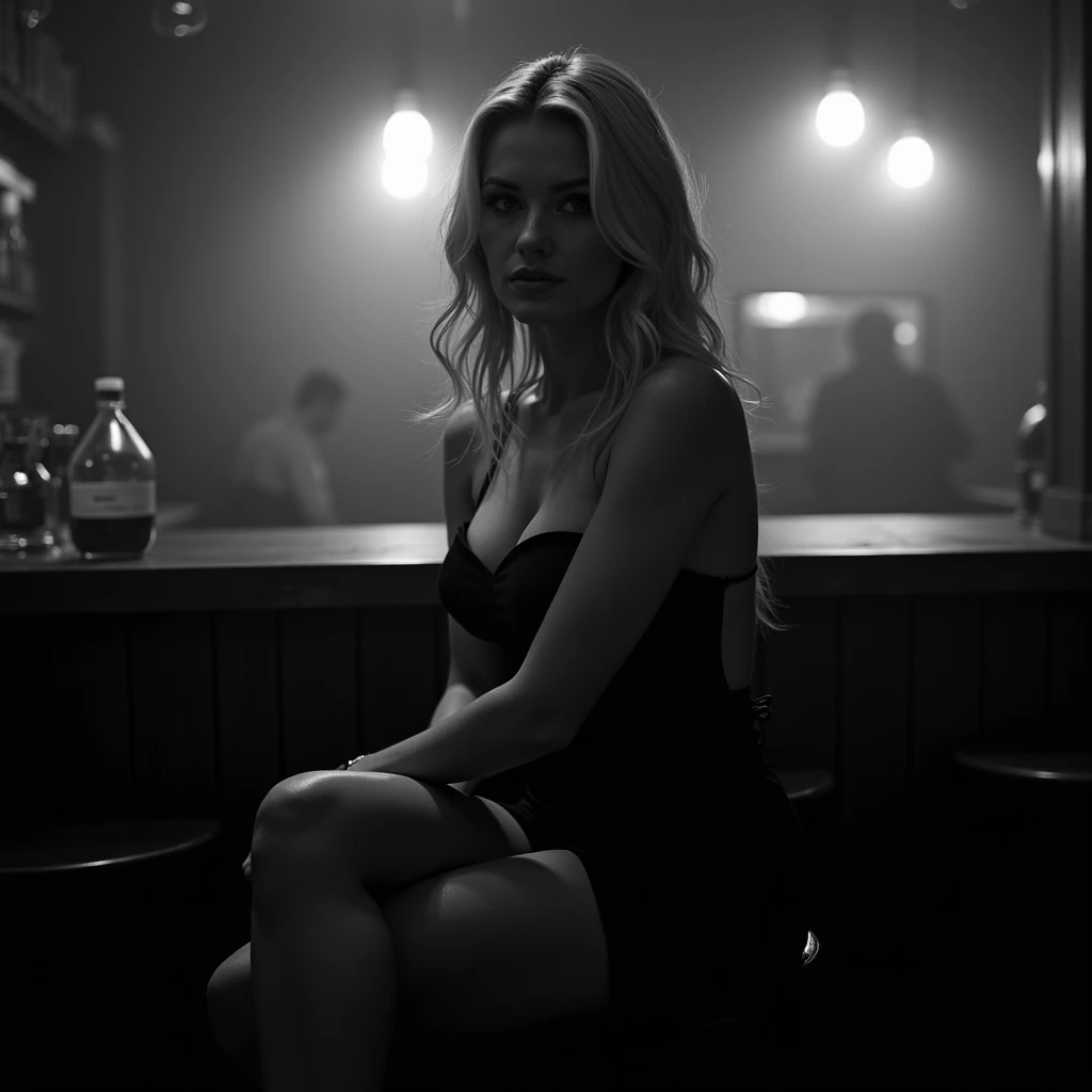 Single Mastermind young lady sitting on chair of a bar, very short skirt, crossed legs,very sensual and femenine, a lots of gangster bodyguards standing behind