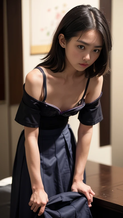 Japanese teenage girl, Downblouse , munechira,(((Small breasts))),(slender) , (((Flat Chest))), annoyed, ((((Leaning forward, signing at a desk)))),close up, necklace , ((highly detailed realistic bra with embellishments)) ,((Overlap short sleeved T shirts)), short hair,masterpiece, best quality, (realistic, photo-realistic:1.4), (RAW photo:1.2), extremely detailed CG unity 8k wallpaper, delicate and beautiful, amazing, finely detail, official art, absurdres, incredibly absurdres, huge filesize, ultra-detailed, extremely detailed, extremely detailed girl, Young Face、Young Body、((((long skirt)))) ,(masterpiece:1.2, highest quality), (Very detailed:1.3), One Girl,short hair, 