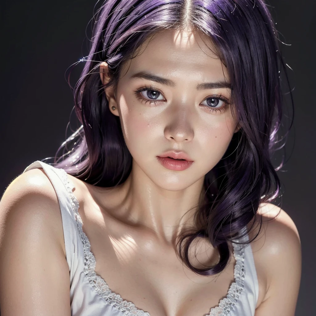 best quality,masterpiece,extremely detailed,high res,4k,ultra high res,detailed shadow,ultra realistic,realistic,dramatic lighting,1girl,solo,detailed face,realistic eyes,realistic skin,white dress,purple hair,dynamic pose, white lace dress
