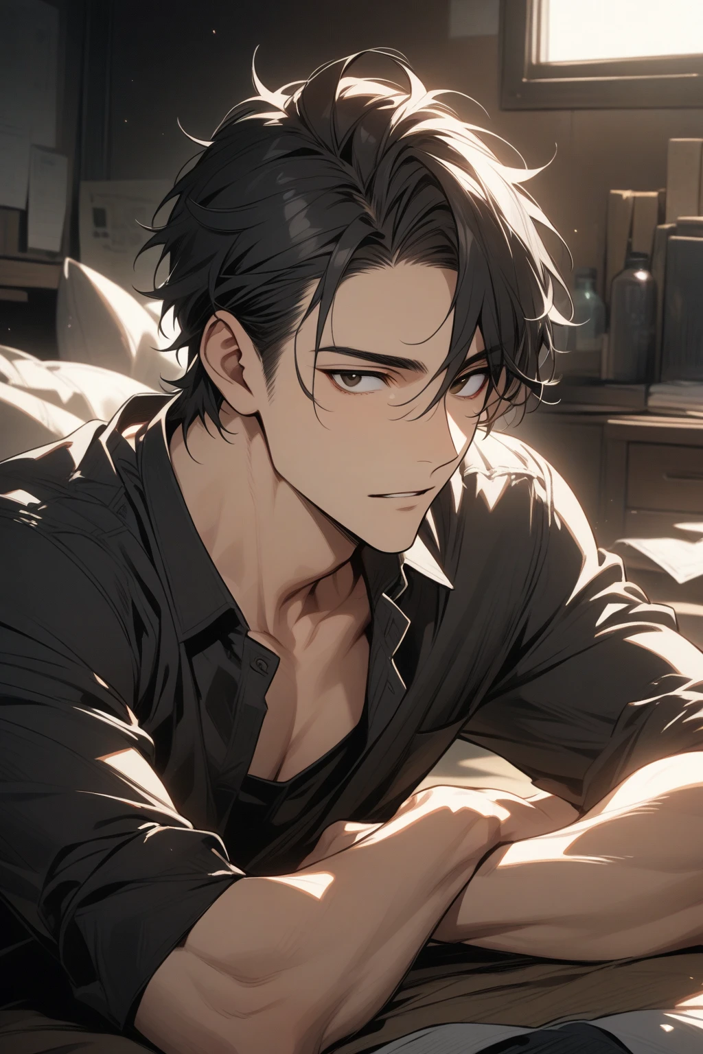 Man, handsome, short black hair, black eyes, shirt