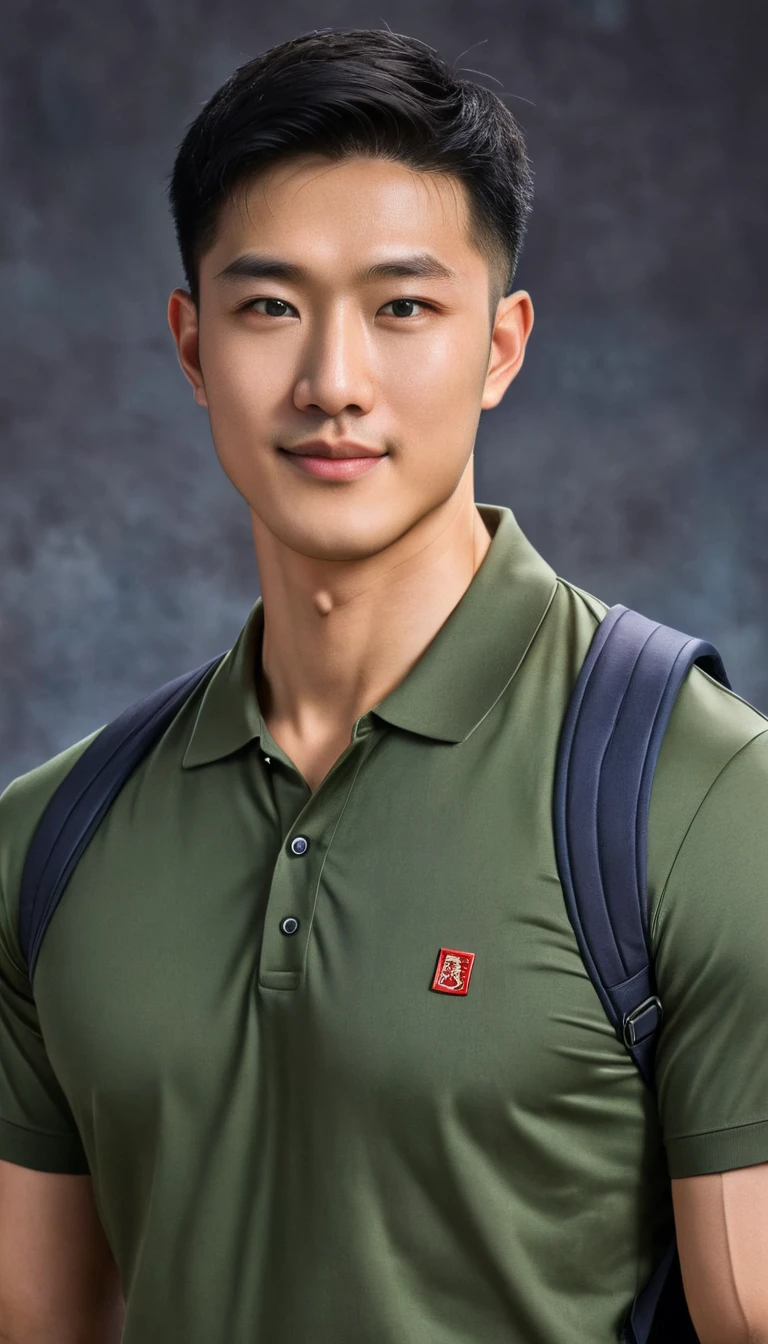 1boy, orimale ,Orimura, black_eyes, black_hair, male_focus, realistic ,  bright eyes  ,smile, Buzz Cut Drop Fade , Handsome Chinese Man with a Little Mustache , is muscular ,blood vessel,Broad shoulders, Wear an olivegreen polo shirt with short sleeves without a logo and jeans. Backpack