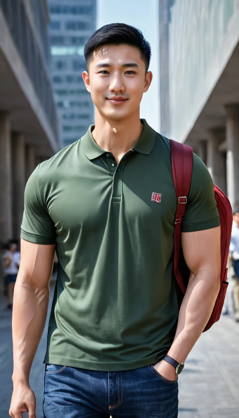 1boy, orimale ,Orimura, black_eyes, black_hair, male_focus, realistic ,  bright eyes  ,smile, Buzz Cut Drop Fade , Handsome Chinese Man with a Little Mustache , is muscular ,blood vessel,Broad shoulders, Wear an olivegreen polo shirt with short sleeves without a logo and jeans. Backpack