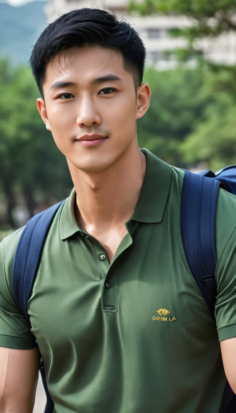 1boy, orimale ,Orimura, black_eyes, black_hair, male_focus, realistic ,  bright eyes  ,smile, Buzz Cut Drop Fade , Handsome Chinese Man with a Little Mustache , is muscular ,blood vessel,Broad shoulders, Wear an olivegreen polo shirt with short sleeves without a logo and jeans. Backpack