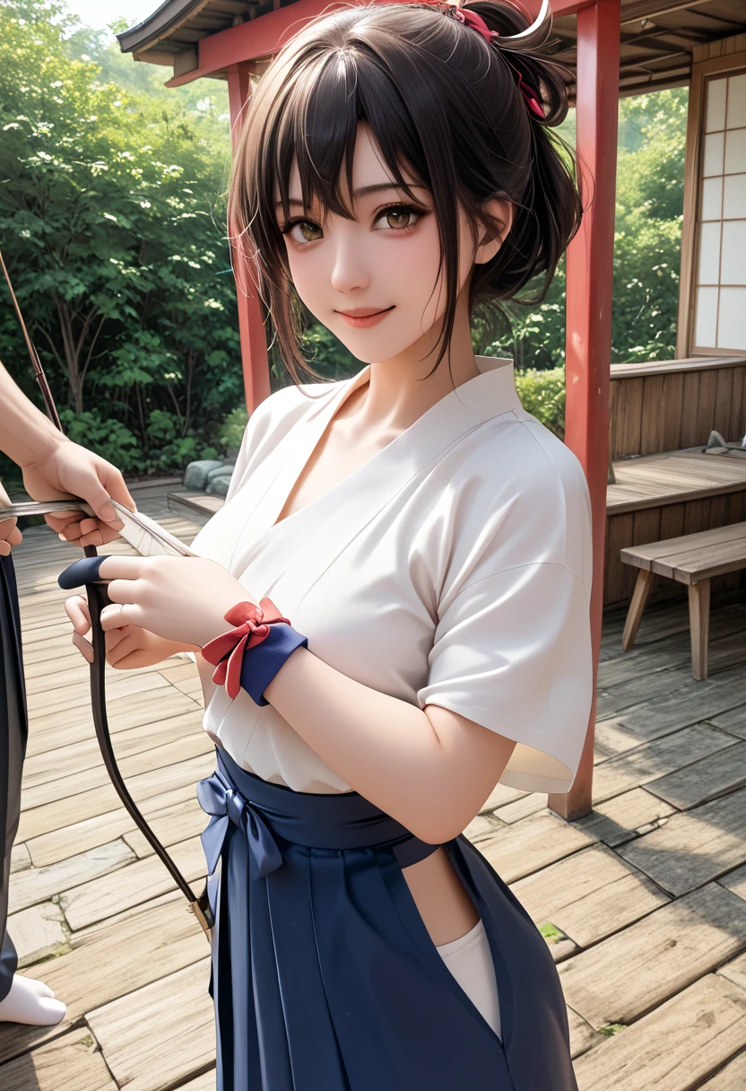  1 girl,  medium chest , kyuudou, bow (arms), Japanese clothing,、Hakama 、Shrine maiden、Arrow (Projectile), holding bow (arms), yugake, breastplate,  Similarly , single glove,  best quality,、 Completely-valid、 、、  gentle smile full of love  、