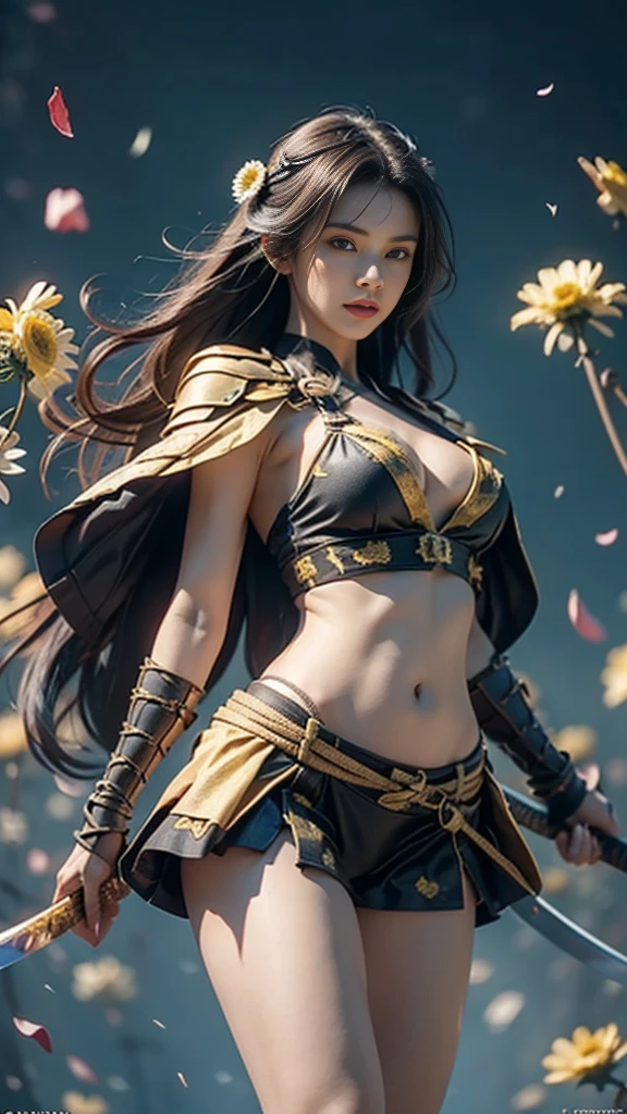  Sexy female characters dressed as warriors from the Sengoku period 、((Braided hair))、((onyx black hair))、((toned body))、 toned body、She has ample breasts and plump thighs、 The yellow armor with a chrysanthemum pattern engraved on it is bikini type and is designed to emphasize chest exposure、( Wear a chrysanthemum-patterned cape )、 white super miniskirt、 yellow shin guards with chrysanthemum petals engraved 、Yellow high-cut underwear、Yellow tights、 absolute domain、((acrobatic pose))、((  hold a sword at chest position ))、((from below, lower body, looking up))、 facing the front、 Strong yet elegant atmosphere 、 they are ready to fight even now、 The background is a battlefield with chrysanthemums and petals scattered 、((Lots of chrysanthemum petals scattered all over the screen ))、 Super high resolution and realistic touch 、 shiny armor and fabric texture 、A dynamic pose is depicted in detail、