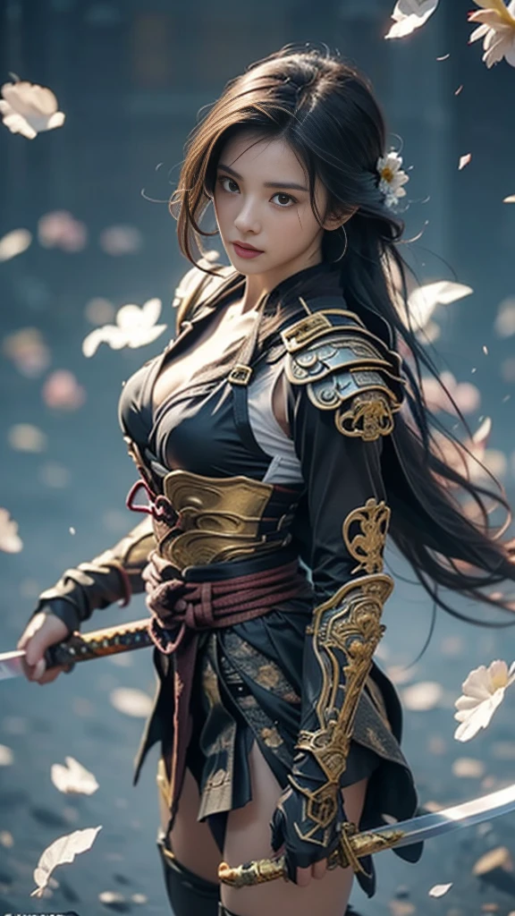  Sexy female characters dressed as warriors from the Sengoku period 、((Braided hair))、((onyx black hair))、((toned body))、 toned body、She has ample breasts and plump thighs、 The yellow armor with a chrysanthemum pattern engraved on it is bikini type and is designed to emphasize chest exposure、( Wear a chrysanthemum-patterned cape )、 white super miniskirt、 yellow shin guards with chrysanthemum petals engraved 、Yellow high-cut underwear、Yellow tights、 absolute domain、((acrobatic pose))、((  hold a sword at chest position ))、((from below, lower body, looking up))、 facing the front、 Strong yet elegant atmosphere 、 they are ready to fight even now、 The background is a battlefield with chrysanthemums and petals scattered 、((Lots of chrysanthemum petals scattered all over the screen ))、 Super high resolution and realistic touch 、 shiny armor and fabric texture 、A dynamic pose is depicted in detail、