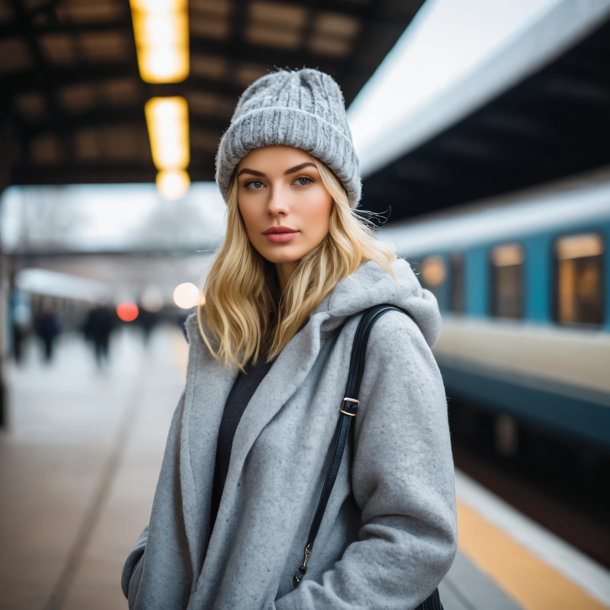 a professional portrait photography of a beautiful young blond woman standing in train station; detailed beautiful face; she wearing an fleece coat, sweatpants and gray wool hat; winter season; cozy atmosphere; diffused light; soft focus; depth of field; intricate detailed;