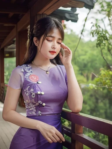 high-definition images, atmospheric perspective, 8k, super detail, accurate, best quality, angle from below, a woman, drooping eyes, sleepy face, blush,(floral purple dress),, necklace, standing portraits ,day scene, pagoda view, hair up, acmm's outfit, black acmm's top , black printed acmm's skirt,