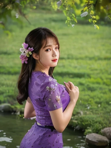 high-definition images, atmospheric perspective, 8k, super detail, accurate, best quality, angle from below, a woman, drooping eyes, sleepy face, blush,(floral purple dress),, necklace, standing portraits ,day scene, pagoda view, hair up, acmm's outfit, black acmm's top , black printed acmm's skirt,