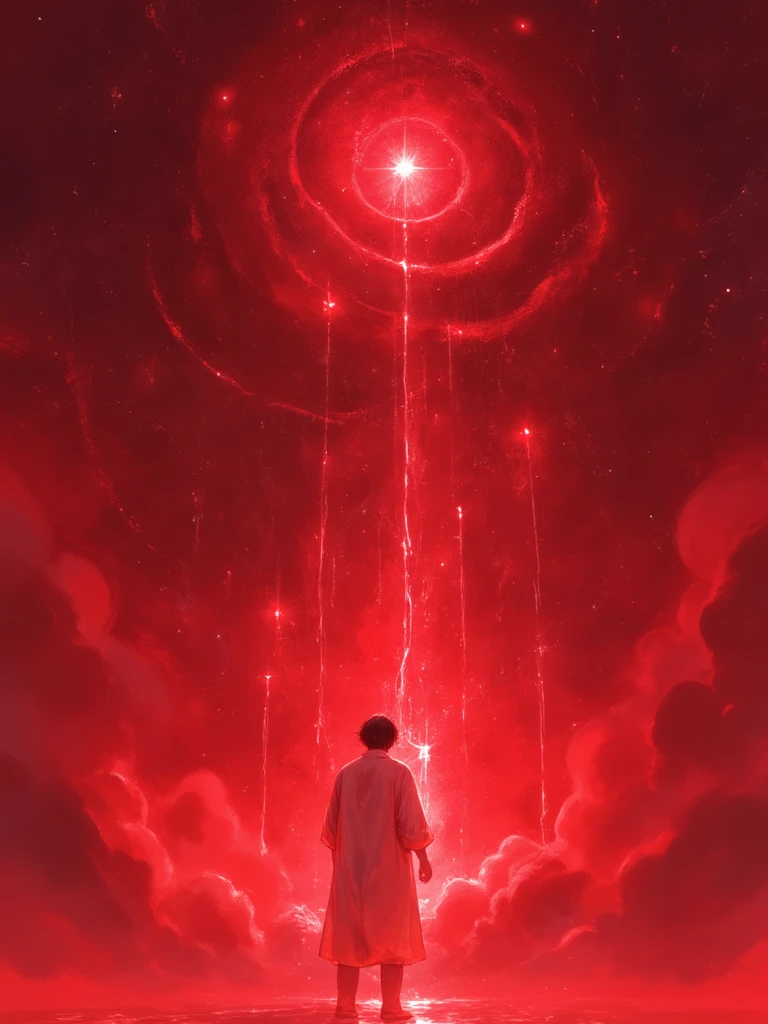 A man standing in front of an open door leading to the stars, symbolizing hope and new beginnings. The artwork features a red color scheme, a simple illustration, a vector art style, a flat design, and a 2D, bright, and colorful background. This professional illustration is in the A fusion of the styles of Katsuya Terada, Range Murata, Akiman and JUNNY, with smooth gradients and soft colors, and is of high resolution, oil painting, a detailed painting, ink artistic conception, real paint texture, hyper-realistic, depth of field, dramatic lighting, Realistic, highly detailed, masterpiece, 8k, Cinematic Composition, dark vibe, Dramatic Shadows, Intricate and elaborate pattern, 30 megapixel, chiaroscuro lighting, deep contrast, realistic anime style