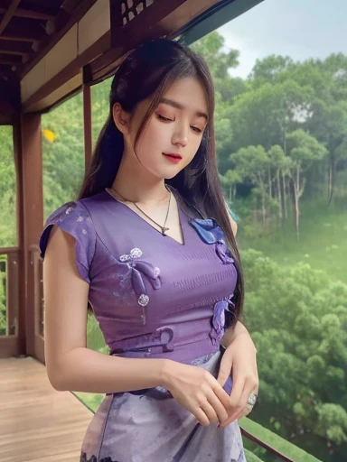 high-definition images, atmospheric perspective, 8k, super detail, accurate, best quality, angle from below, a woman, drooping eyes, sleepy face, blush,(floral purple dress),, necklace, standing portraits ,day scene, pagoda view, hair up, acmm's outfit, black acmm's top , black printed acmm's skirt,